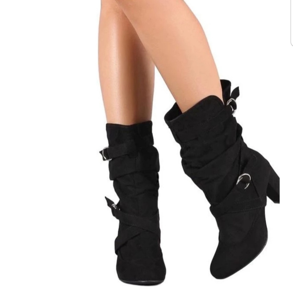 Faux Suede Buckle detail Slouch Boot - Picture 2 of 5